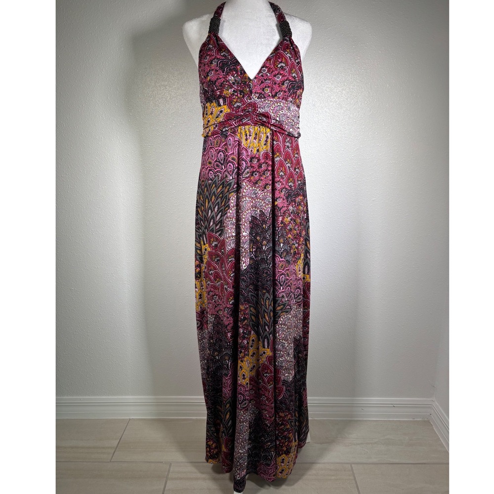 Y2K 2000s Pink Purple Paisley Halter Maxi Dress Beaded Backless Boho Medium